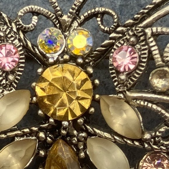 Butterfly Pin Brooch Silver As Is Rhinestone Pink Green Blue Yellow Retro Boho - Picture 6 of 11